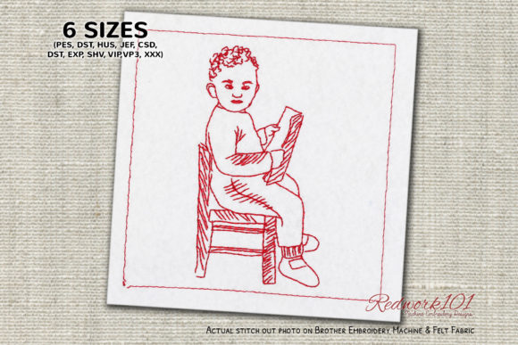 Boy Reading a Book: A Charming Redwork Embroidery