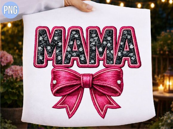 Charming Glitter Mama Pink Bow Embroidery PNG